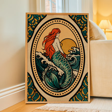 Listing image for Art Nouveau Mermaid Poster Retro Tattoo Ocean Fantasy Wall Art Print A4