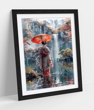Listing image for BEAUTIFUL JAPANESE GEISHA BY WATERFALL FRAMED WALL ART PICTURE POSTER PRINT