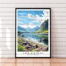 Listing image for Lake District Scenic View Unframed Illustration Art Print Mountain Lake District
