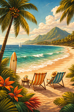 Listing image for Tropical Volcano Island Beach Deck Chairs Poster Print Framed Canvas Wall Art