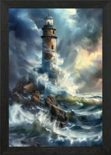 Listing image for Lighthouse in the Storm Framed Wall Art Poster Canvas Print Picture