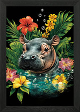 Listing image for Hippo in Tropical Paradise Framed Wall Art Poster Canvas Print Picture
