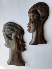 Listing image for West African Hardwood Wall Art Hand Carved Faces Profile Pair Tribal 19cm height