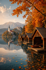Listing image for Autumn Boathouses of Lake Bled Travel Poster Print Framed Canvas Wall Art