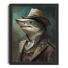 Listing image for Vintage Shark Painting Print Animal Wall Art Shark In A Suit Poster Novelty Art
