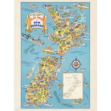 Listing image for 1938 Pictorial Map Fun Map Of New Zealand Wall Art Canvas Print 18X24 In