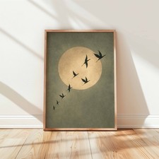 Listing image for Moon Silhouette Birds Art Print Minimalist Nature Wall Decor Atmospheric Poster