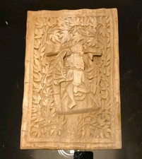 Listing image for Hand Carved Wooden Wall Plaque Indian Folk Art Tribal Carving Decorative Panel