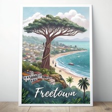 Listing image for Vibrant Freetown Sierra Leone Travel Poster - Cotton Tree and Beach Art Print mo