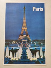 Listing image for Original 1960s Vintage Paris Eiffel Tower Night Travel Poster Fountains France