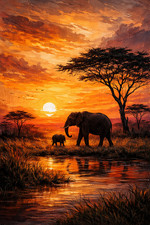 Listing image for African Elephant Sunset Safari Wildlife Poster Print Framed Canvas Wall Art