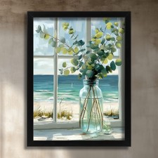 Listing image for Coastal Window Art Print Beach View Poster Eucalyptus Foliage Ocean Wall Art