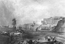 Listing image for Malta, BIRGU GRAND HARBOR & SHIPS FORT ST. ANGELO ~ Old 1832 Art Print Engraving