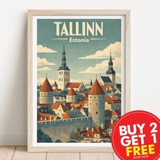 Listing image for Tallinn Estonia Retro Travel Print, Wall Art, Collage, Landmark Illustrations,