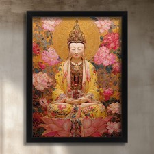 Listing image for Guanyin Goddess Art Print Golden Lotus Meditation Buddhist Wall Art Zen Poster