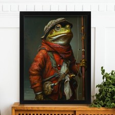 Listing image for Fisherman Frog Wall Art Vintage Renaissance Animal Painting Funny Frog Print