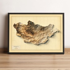 Listing image for Mongolia Map, Mongolia 2D Relief Map, Mongolia Vintage Map - 2D Flat Print