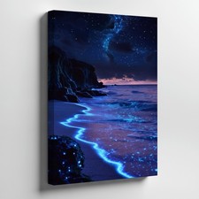 Listing image for Bioluminescent Ocean Shore Canvas Wall Art Night Sky Stars Beach Decor Print